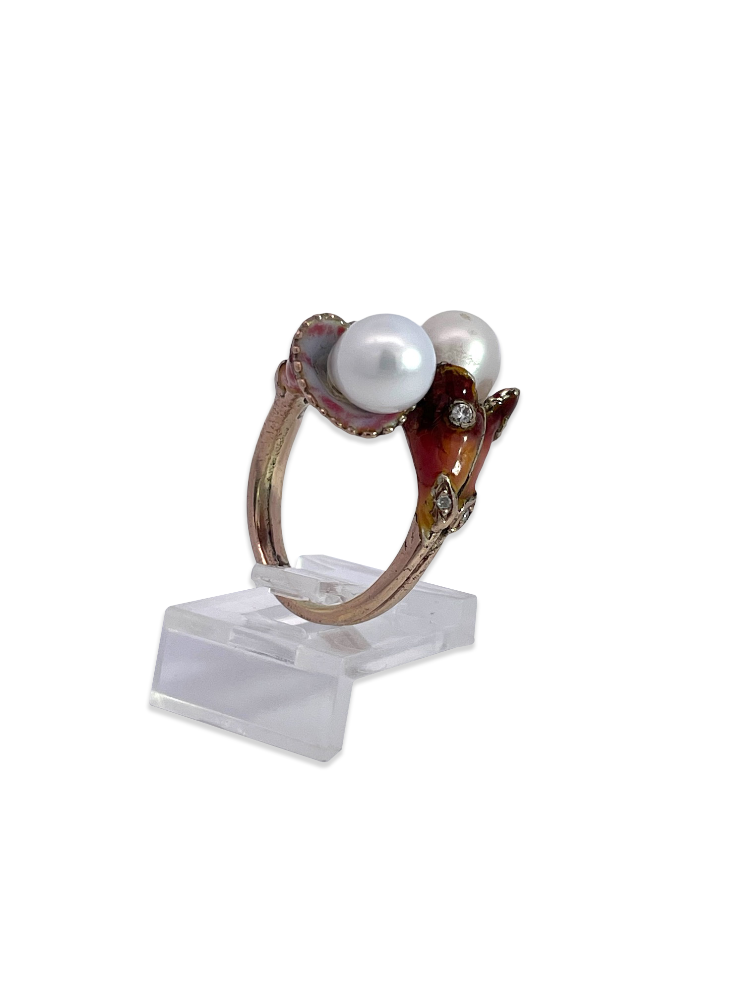 Pearl and Diamond Enamel Ring 14K