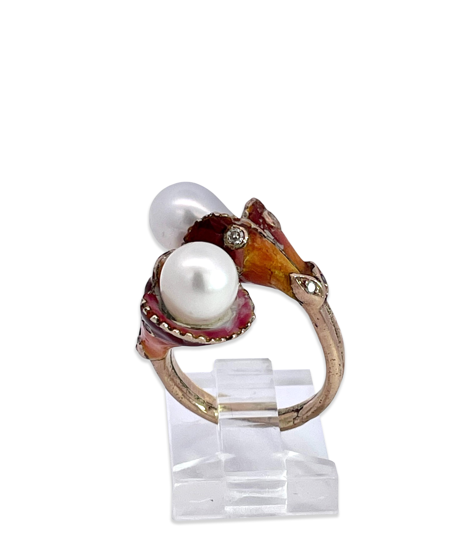 14K Art Nouveau Enamel Pearl Ring