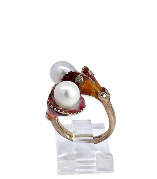 14K Art Nouveau Enamel Pearl Ring