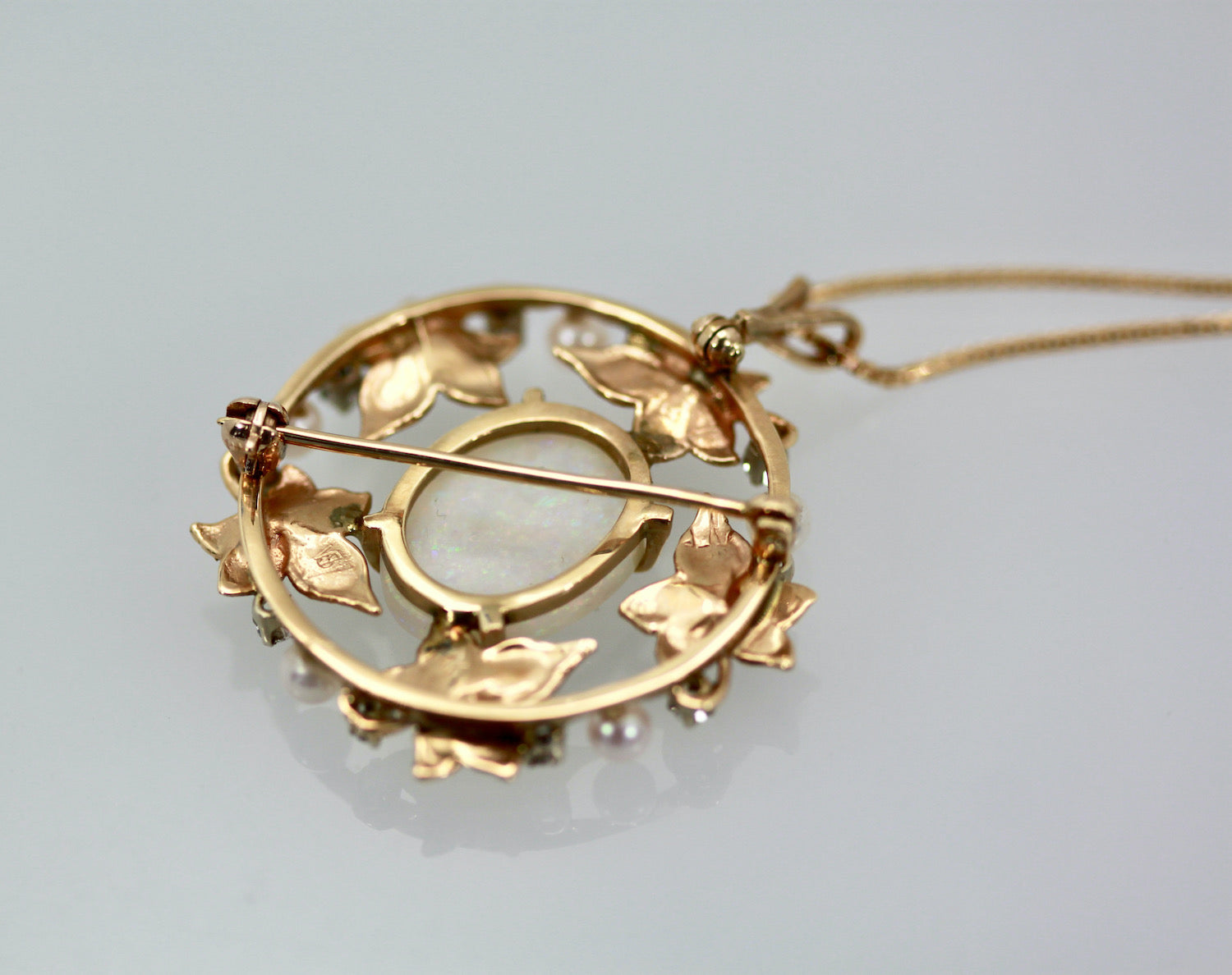 Opal Laurel Leaf Brooch Pendant 14K
