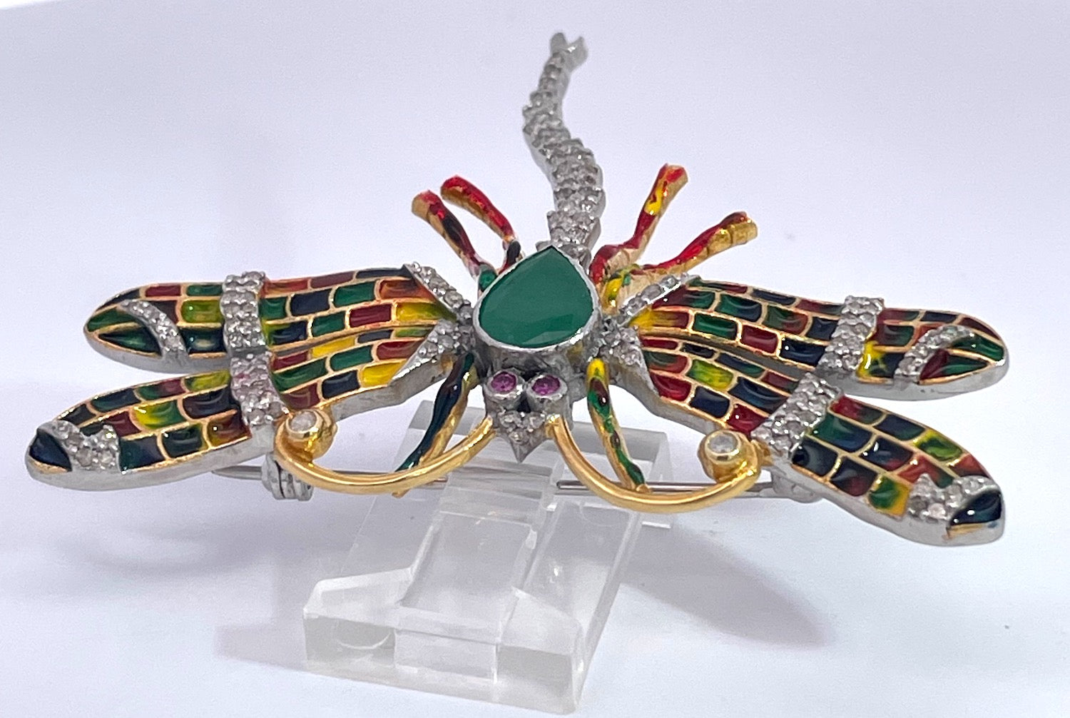 Emerald Body Dragonfly Brooch with Ruby Eyes