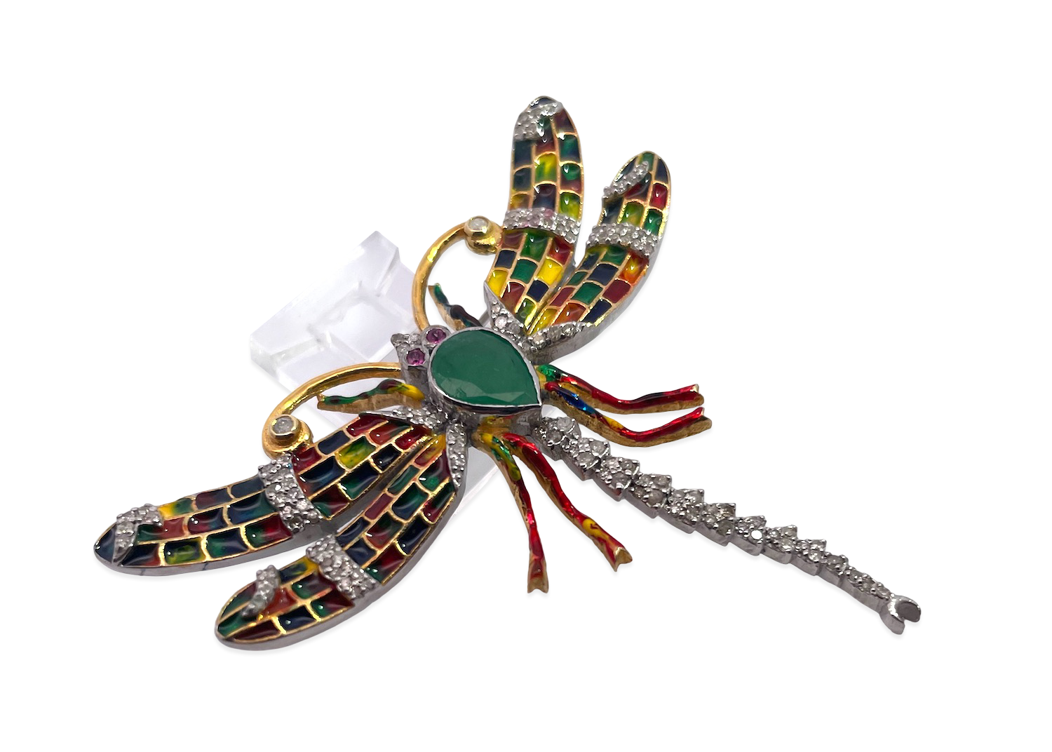 Colorful Enamel Dragonfly Brooch with Diamonds, Emerald, and Rubies