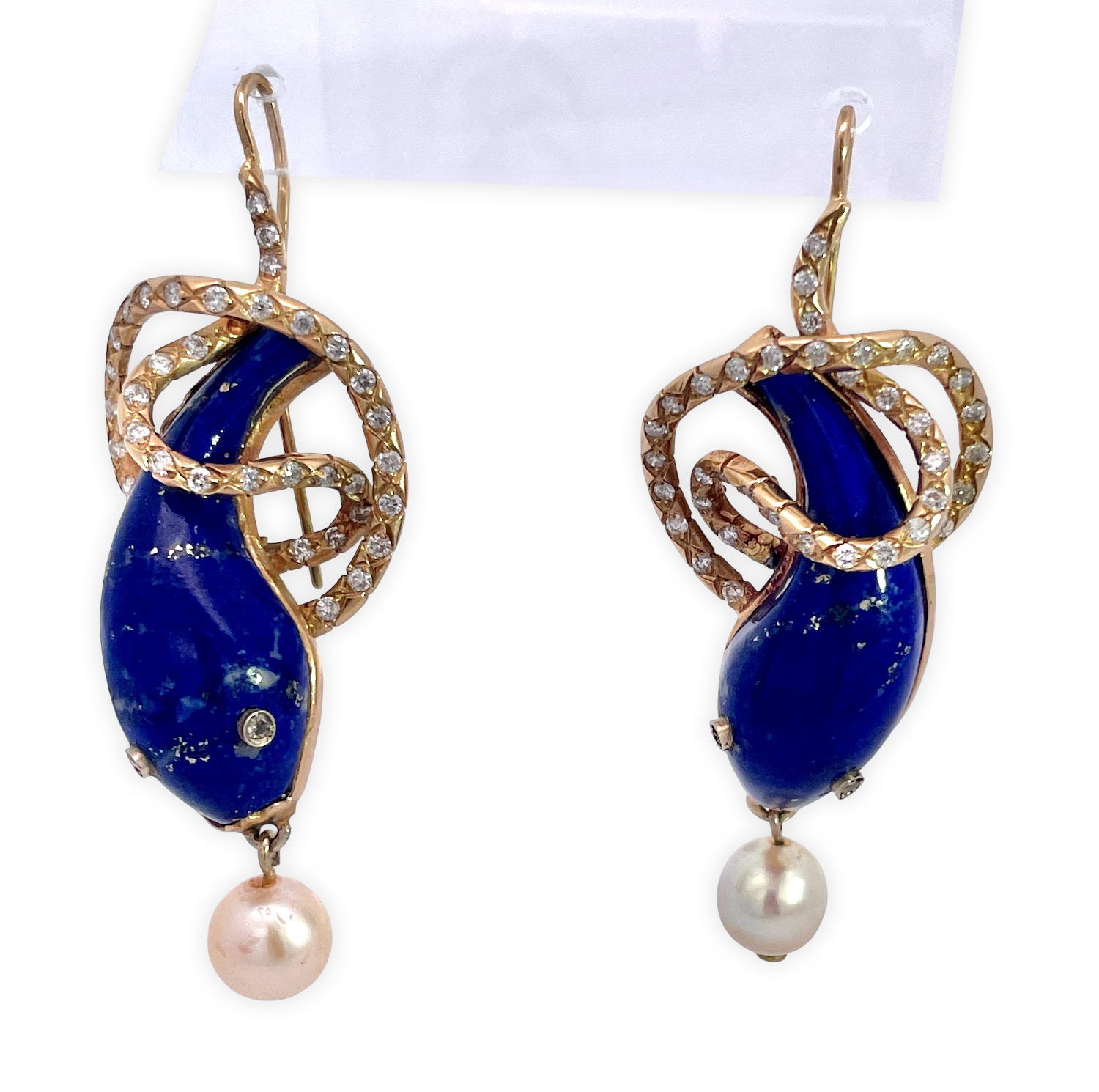 Lapis Snake Earrings with Diamonds and Pearls