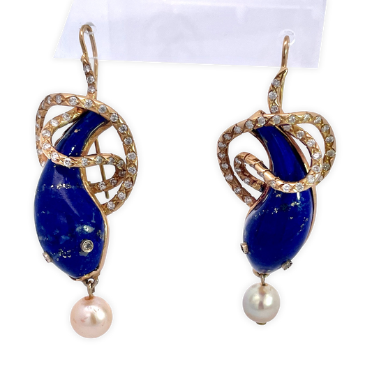 Lapis Snake Earrings with Diamonds and Pearls