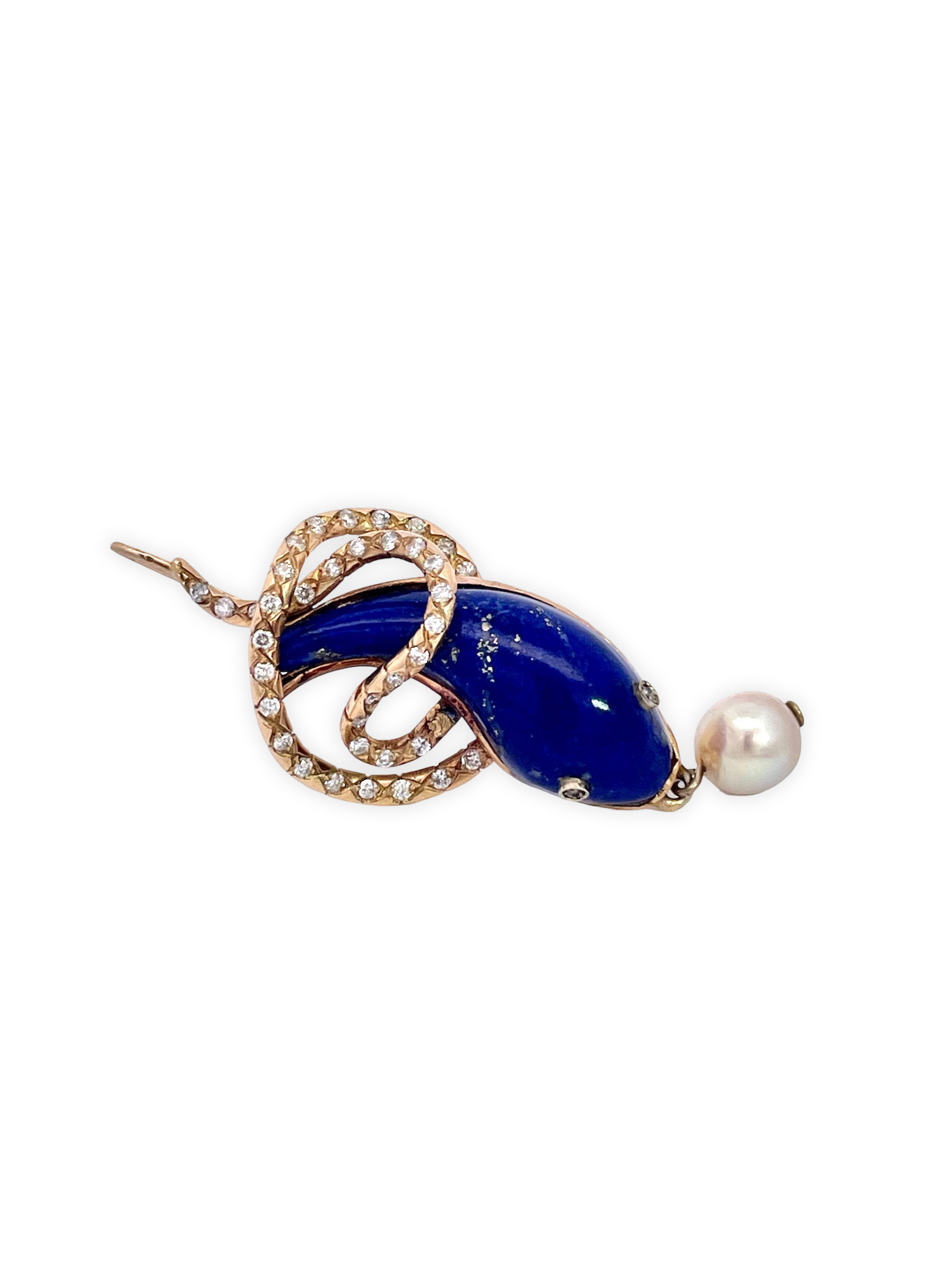 9K Gold Snake Earrings with Lapis and Pearls