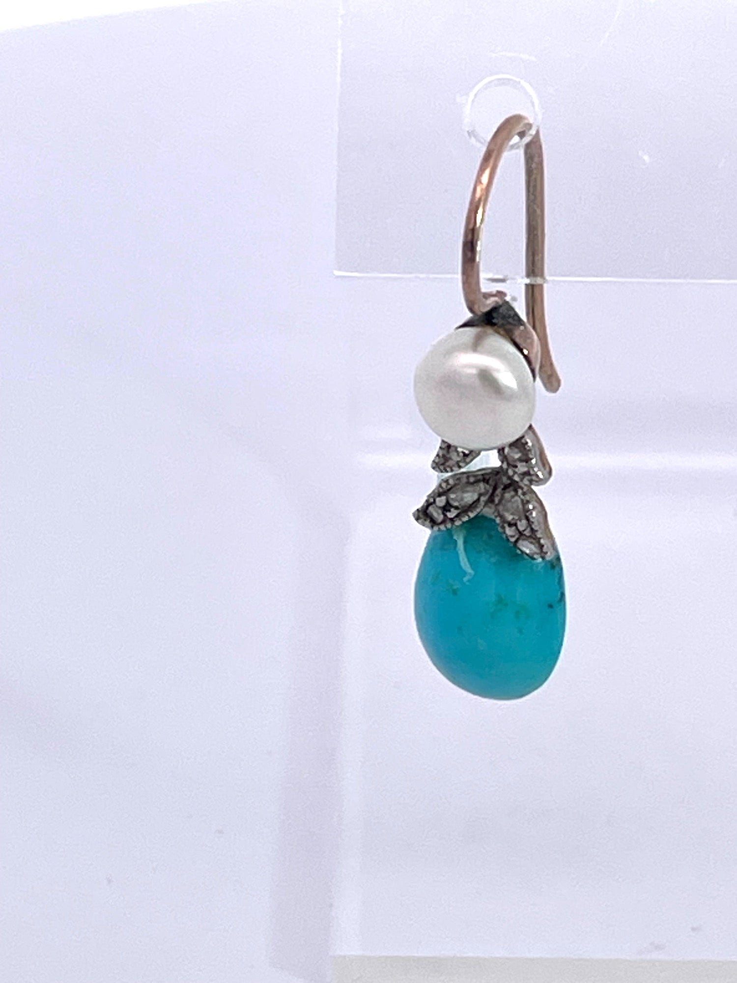 Tiny Diamond Leaf Turquoise Pearl Earrings
