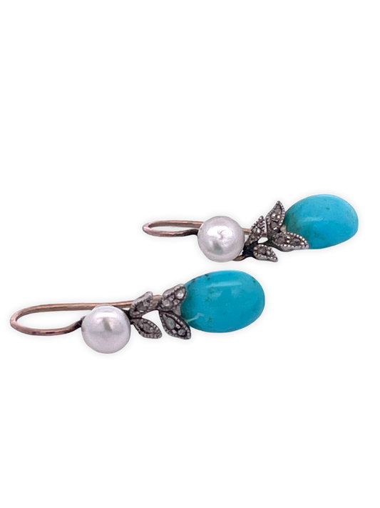 Petite Turquoise Earrings with Diamond Leaves