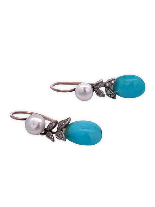 14K Gold Turquoise and Pearl Drop Earrings