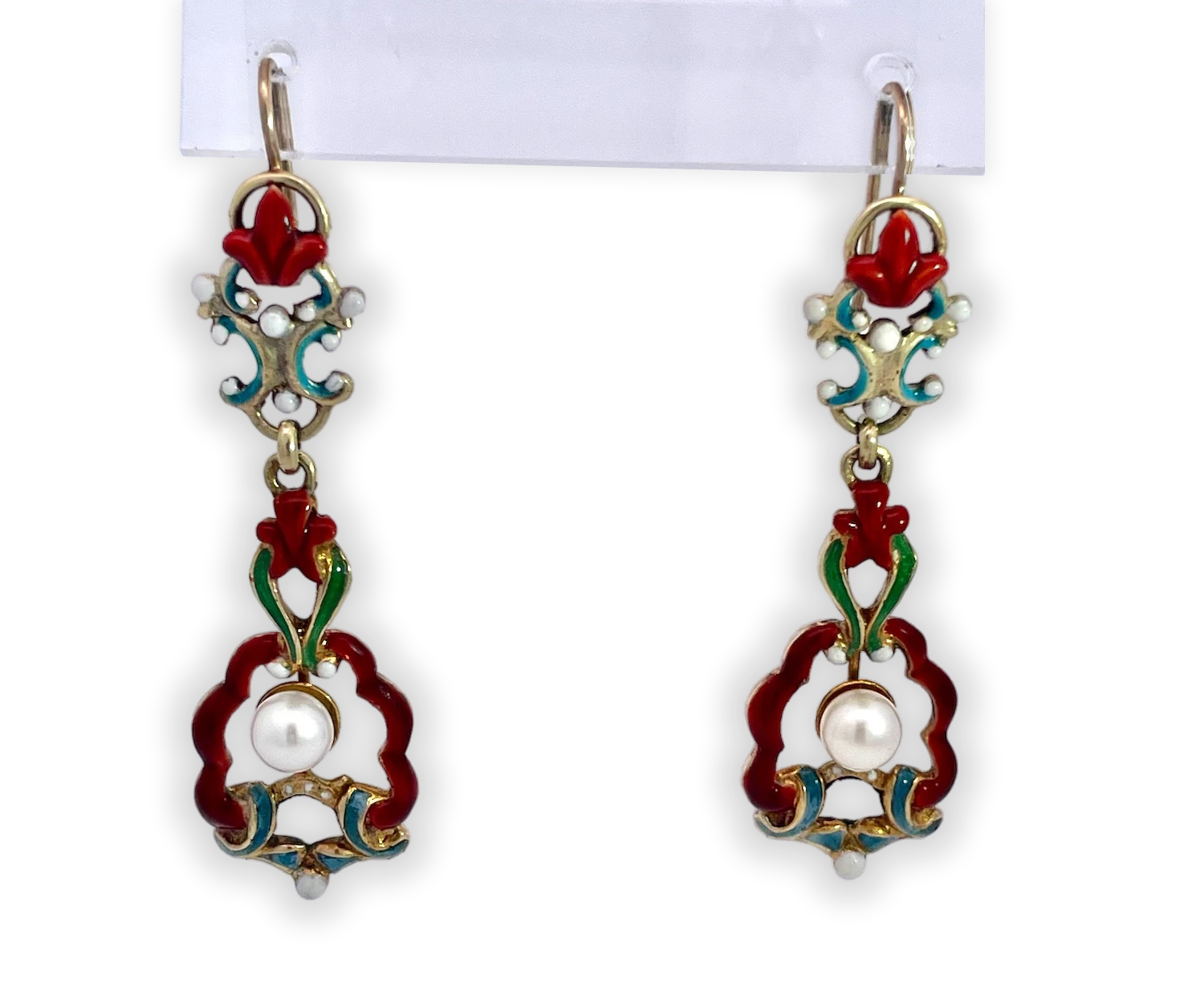 Long Vintage Enamel Earrings with Pearls and Shepard Hooks