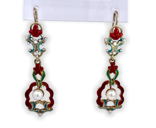 Long Vintage Enamel Earrings with Pearls and Shepard Hooks