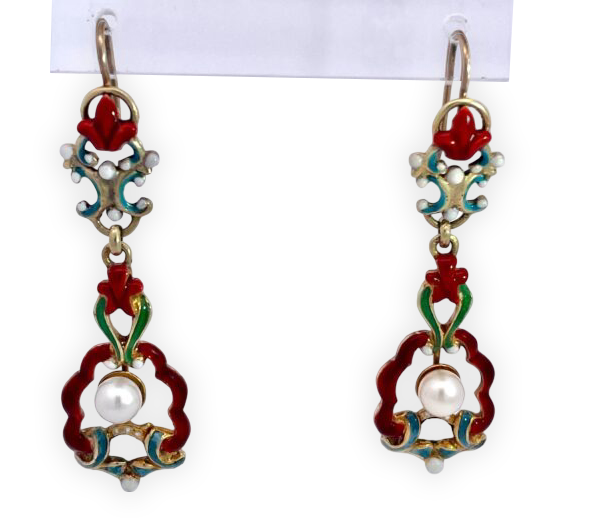 Fleur de Lis Pearl Earrings in Multicolor Enamel