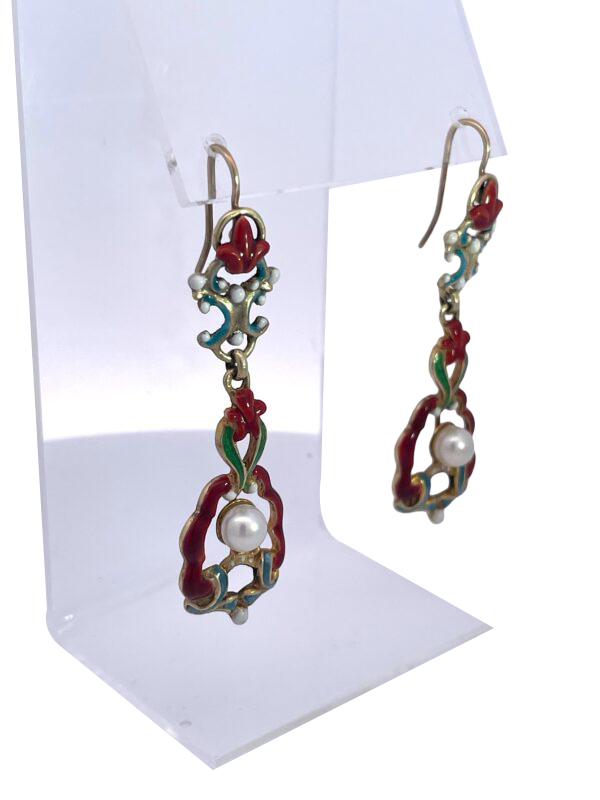 Colorful Enamel Dangle Earrings with Pearls from the 1930s