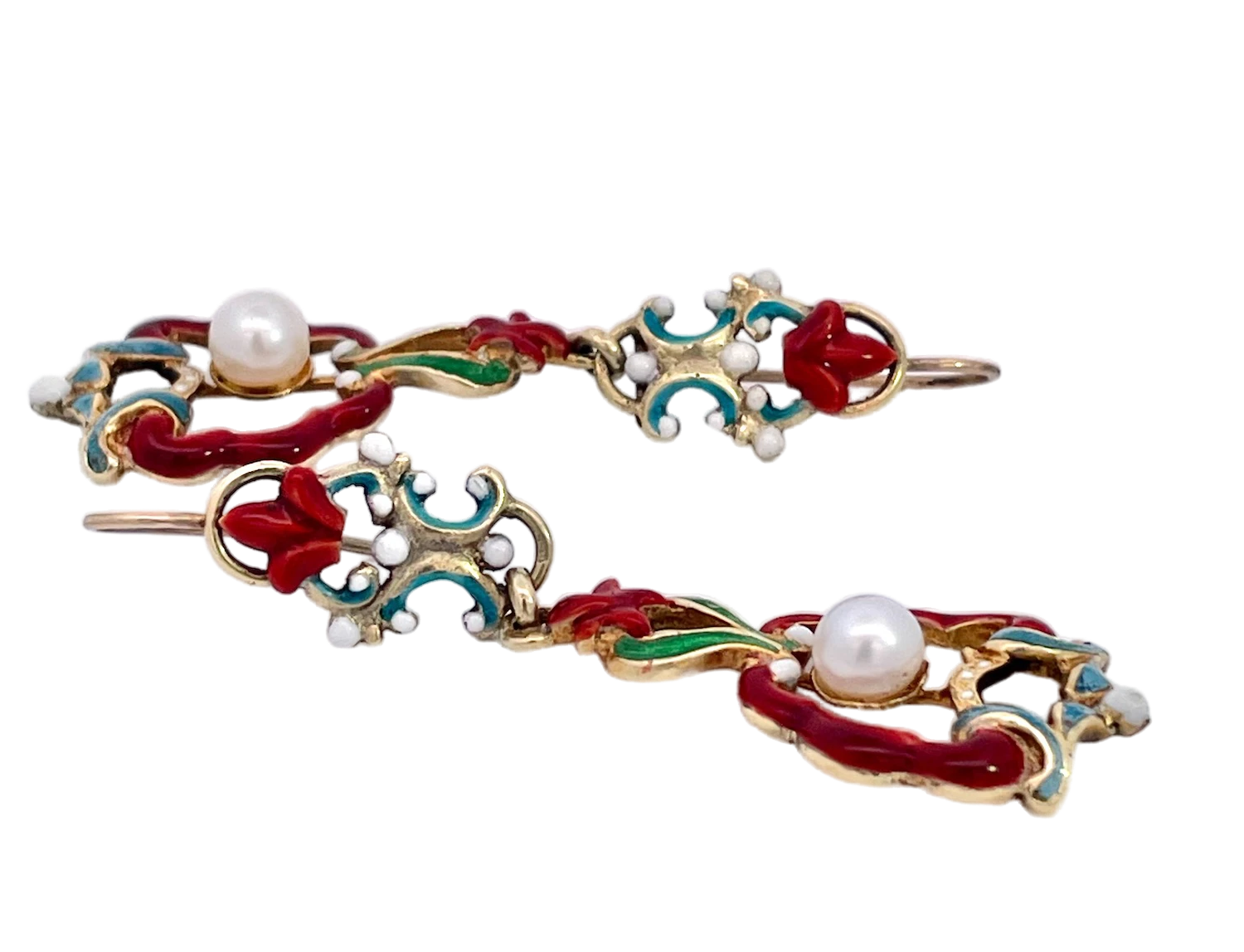 Antique Enamel Earrings with Baby and Medium Pearls