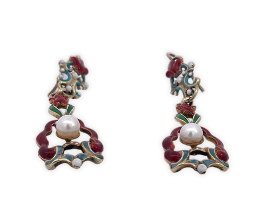 Antique Enamel Earrings with Baby and Medium Pearls