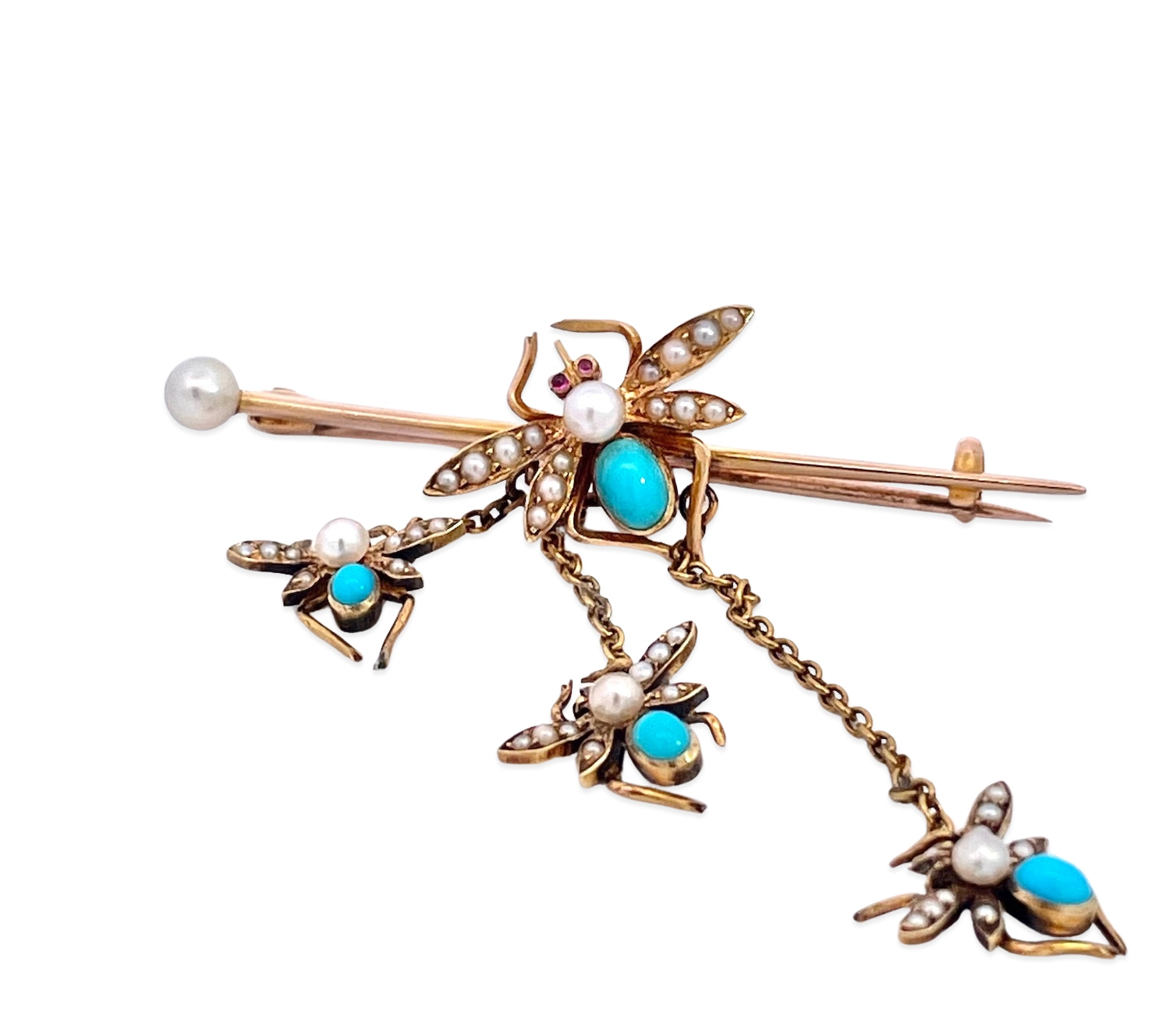 14K Bar Brooch with Turquoise Flies