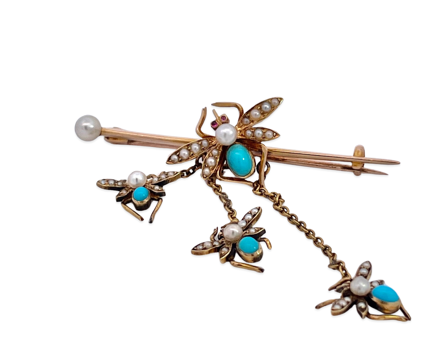 Unique 14K Fly Brooch with Dangling Flies