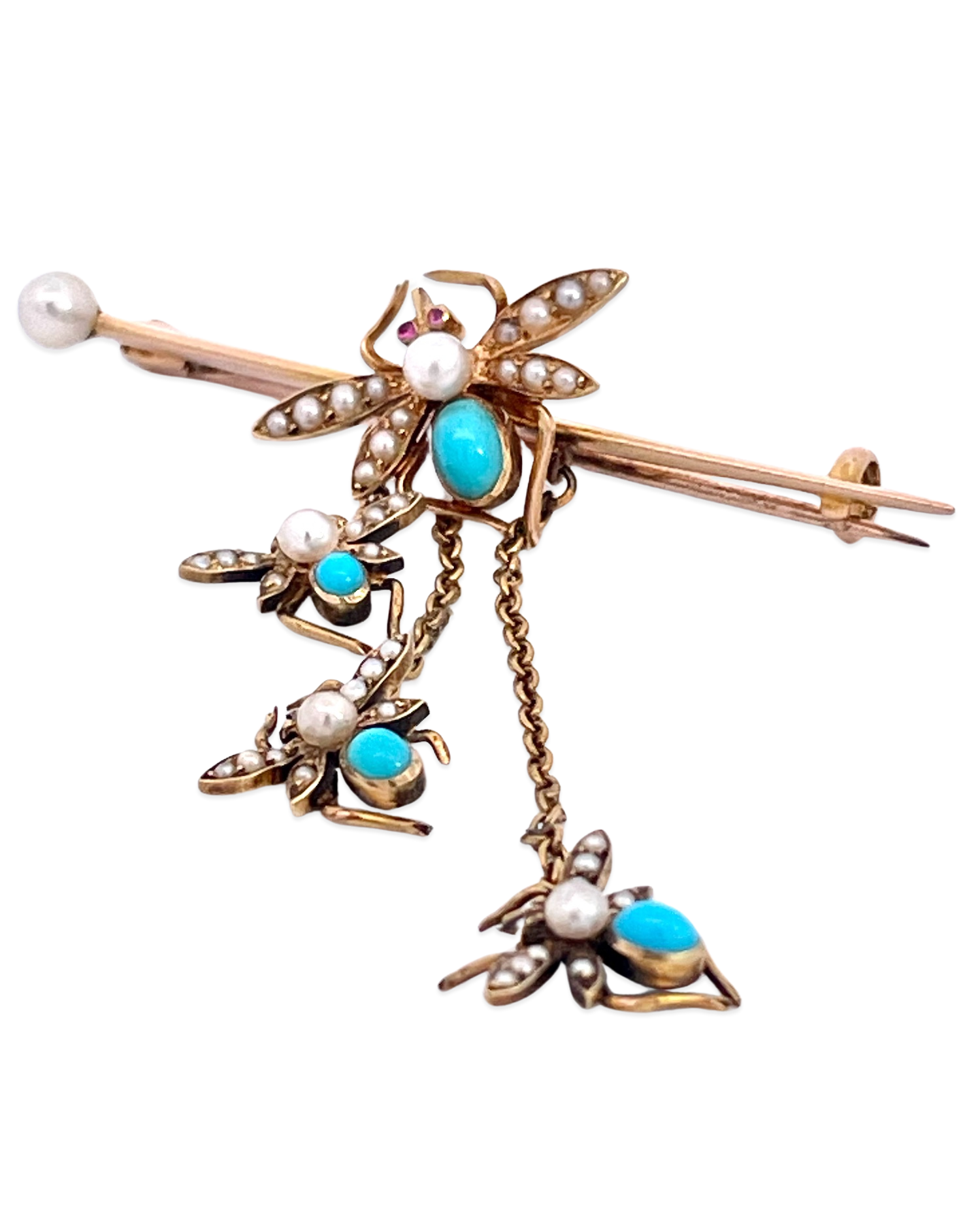 14K Bar Brooch with Turquoise Flies