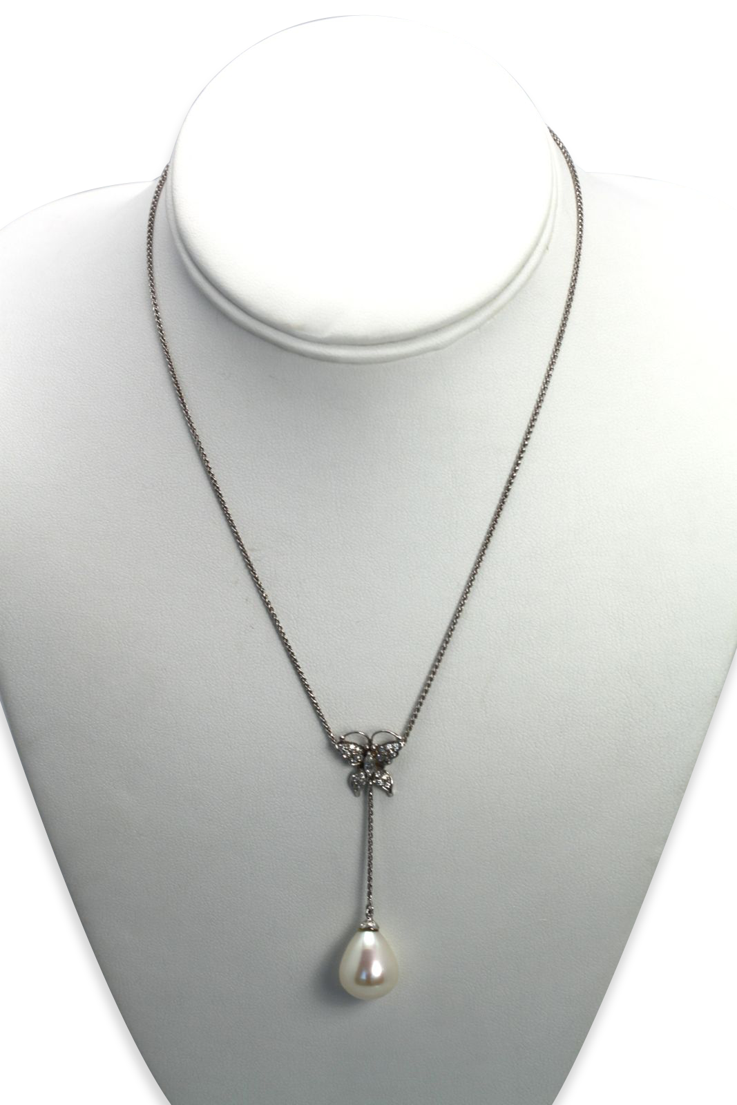 Diamond Butterfly Drop Pearl Necklace