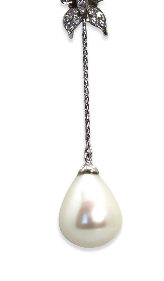 Diamond Butterfly Drop Pearl Necklace