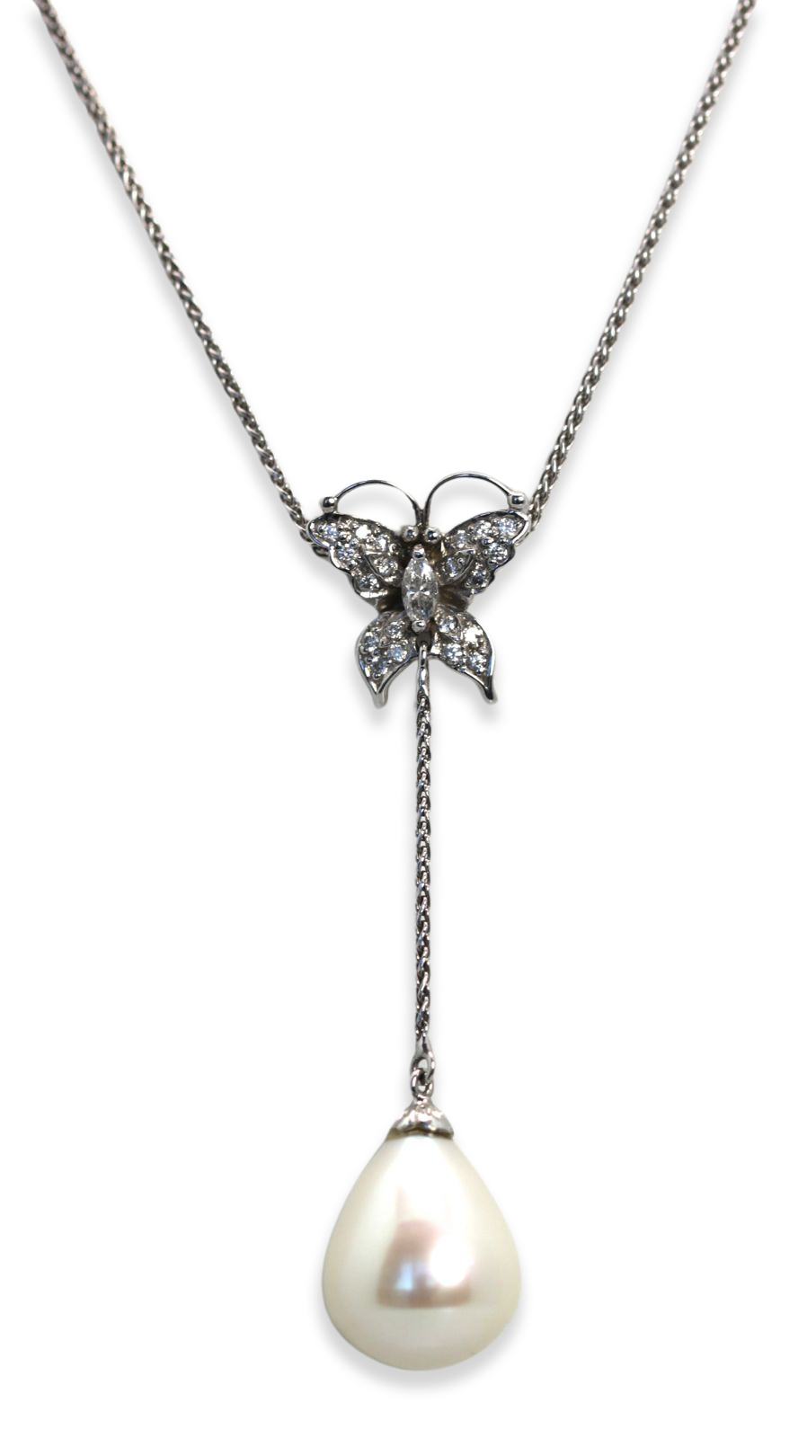 Diamond Butterfly Drop Pearl Necklace