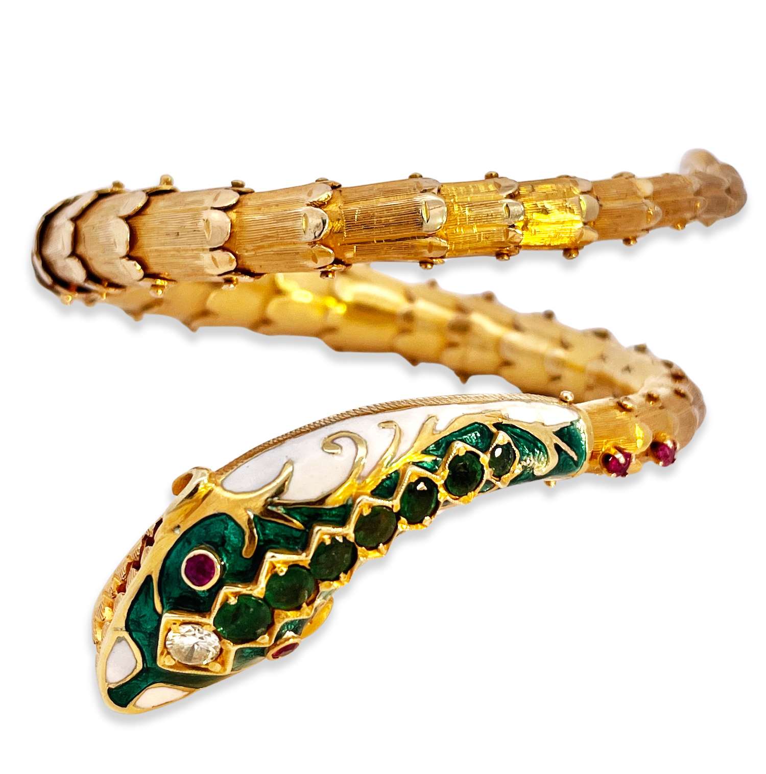 Green White Enamel Snake Bracelet with Rubies