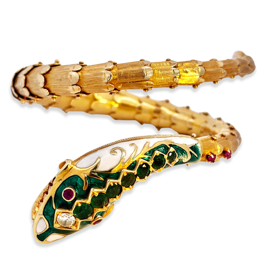 Green White Enamel Snake Bracelet with Rubies