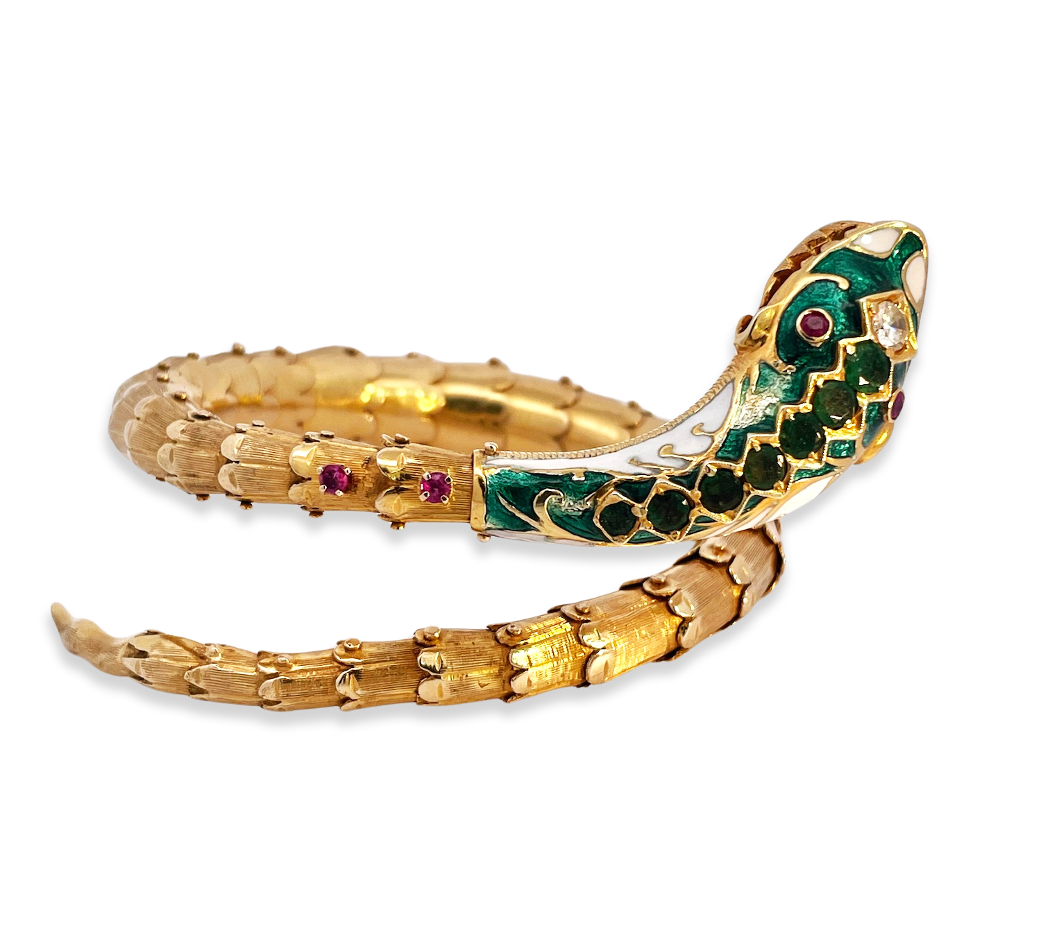 Diamond Emerald Snake Bracelet 14K Yellow Gold