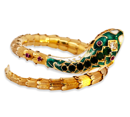 14K Gold Enamel Snake Bracelet with Diamonds