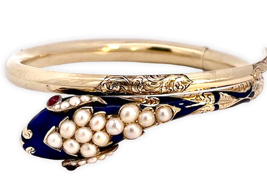 Cobalt Blue Enamel Snake Bangle 14K