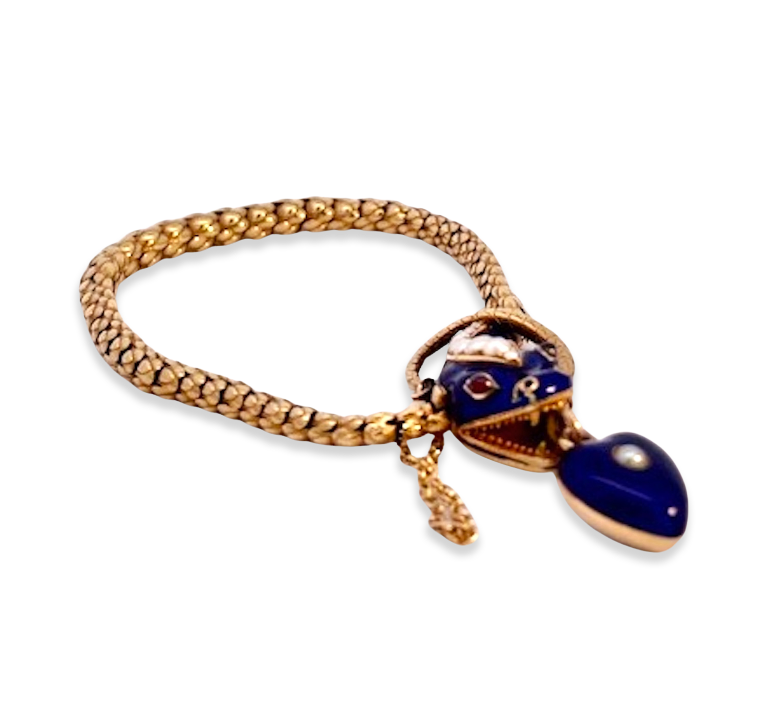 14K Gold Snake Bracelet with Ruby Eyes and Heart Locket
