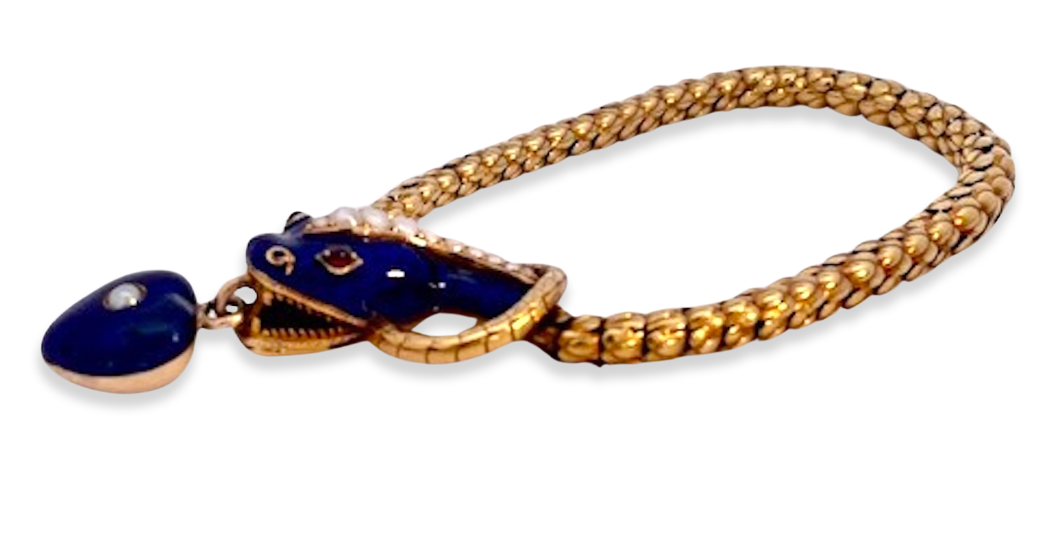 Gold Snake Bracelet with Locket and Ruby Eyes