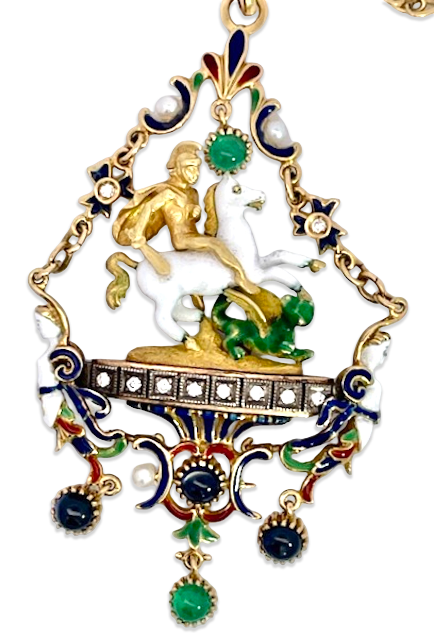 Gold Enamel Pendant with Diamonds & Pearls