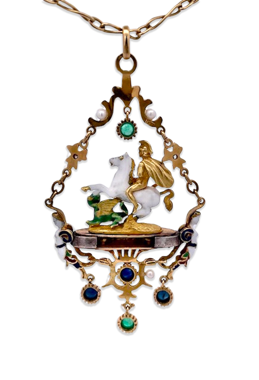 Rare 18K Gold Enamel Saint Pendant