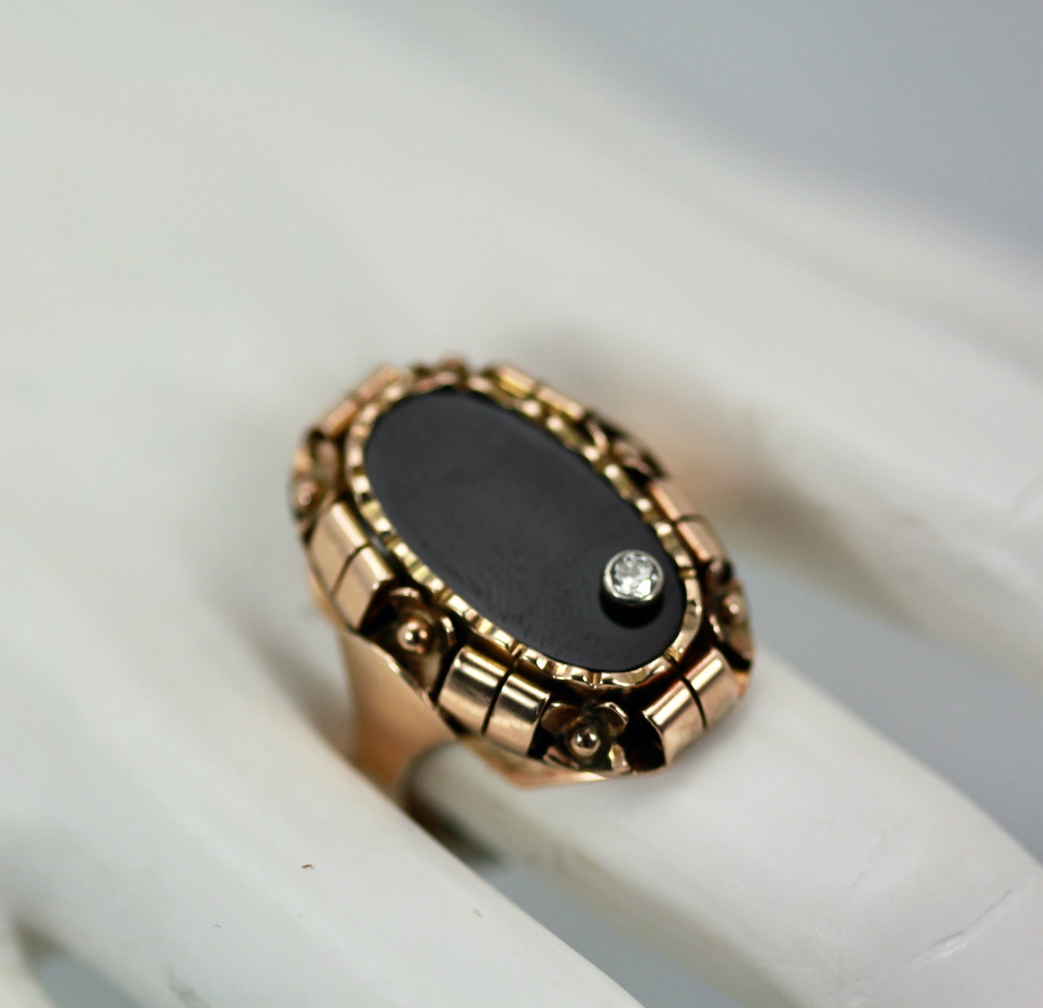 Black Onyx Ring with Diamond 14K Rose Gold