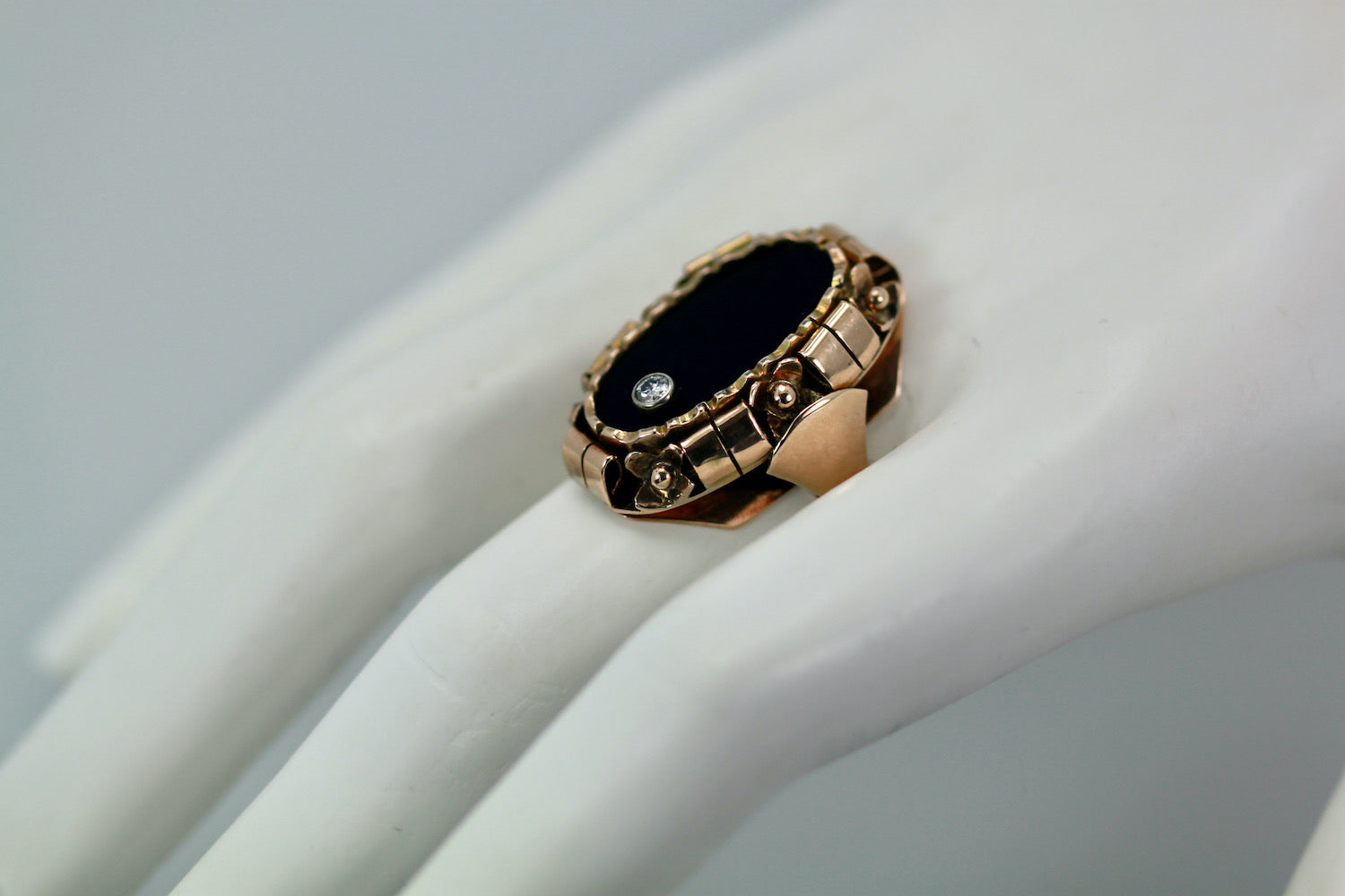 Black Onyx Ring with Diamond 14K Rose Gold