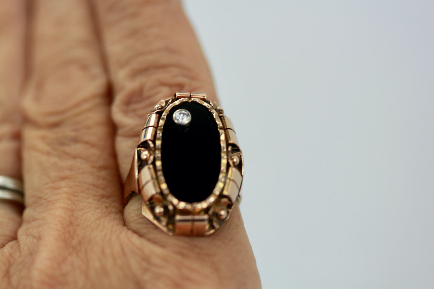 Black Onyx Ring with Diamond 14K Rose Gold