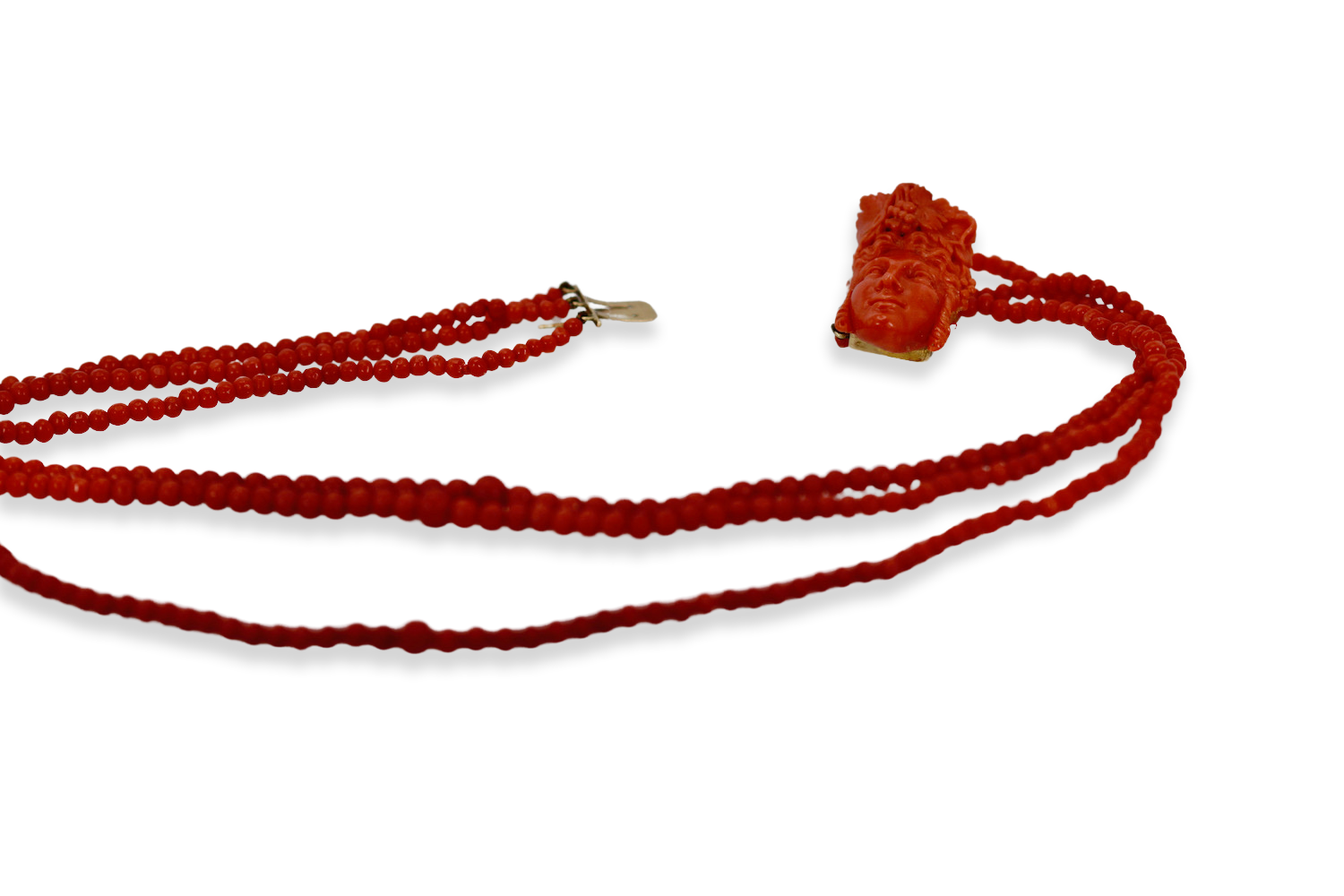 Antique 14K Coral Necklace with Carved Bacchus face