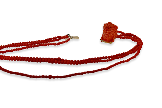Antique 14K Coral Necklace with Carved Bacchus face