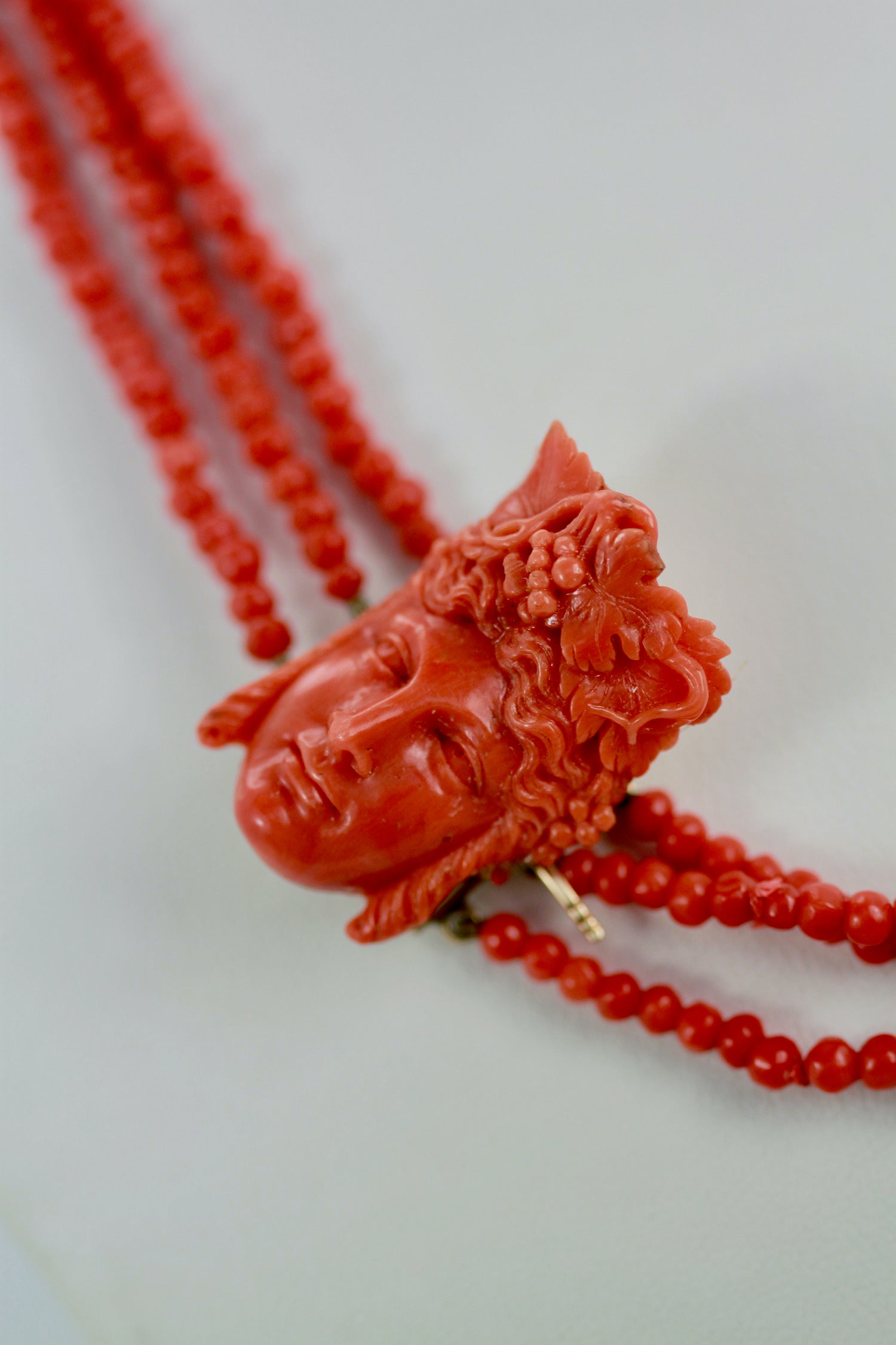 Antique 14K Coral Necklace with Carved Bacchus face