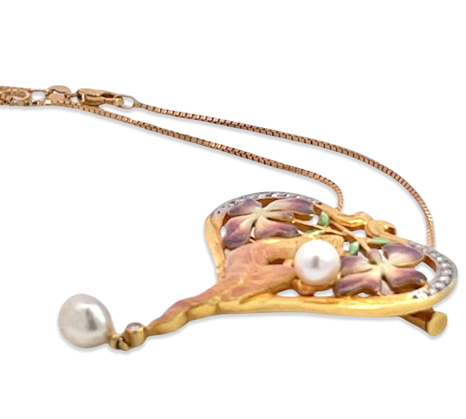 Enamel floral brooch with pearl and diamonds
