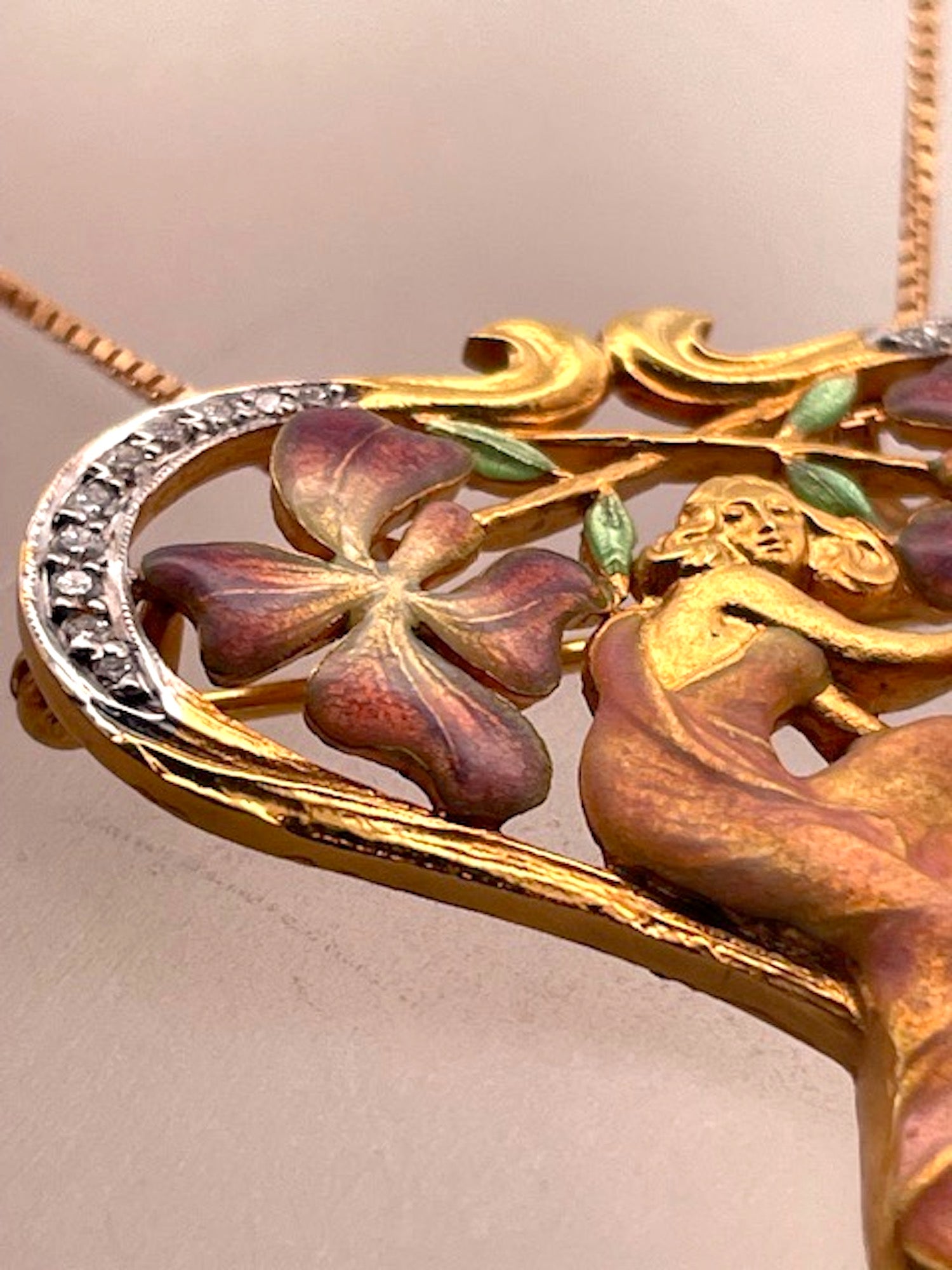 Enamel floral brooch with pearl and diamonds