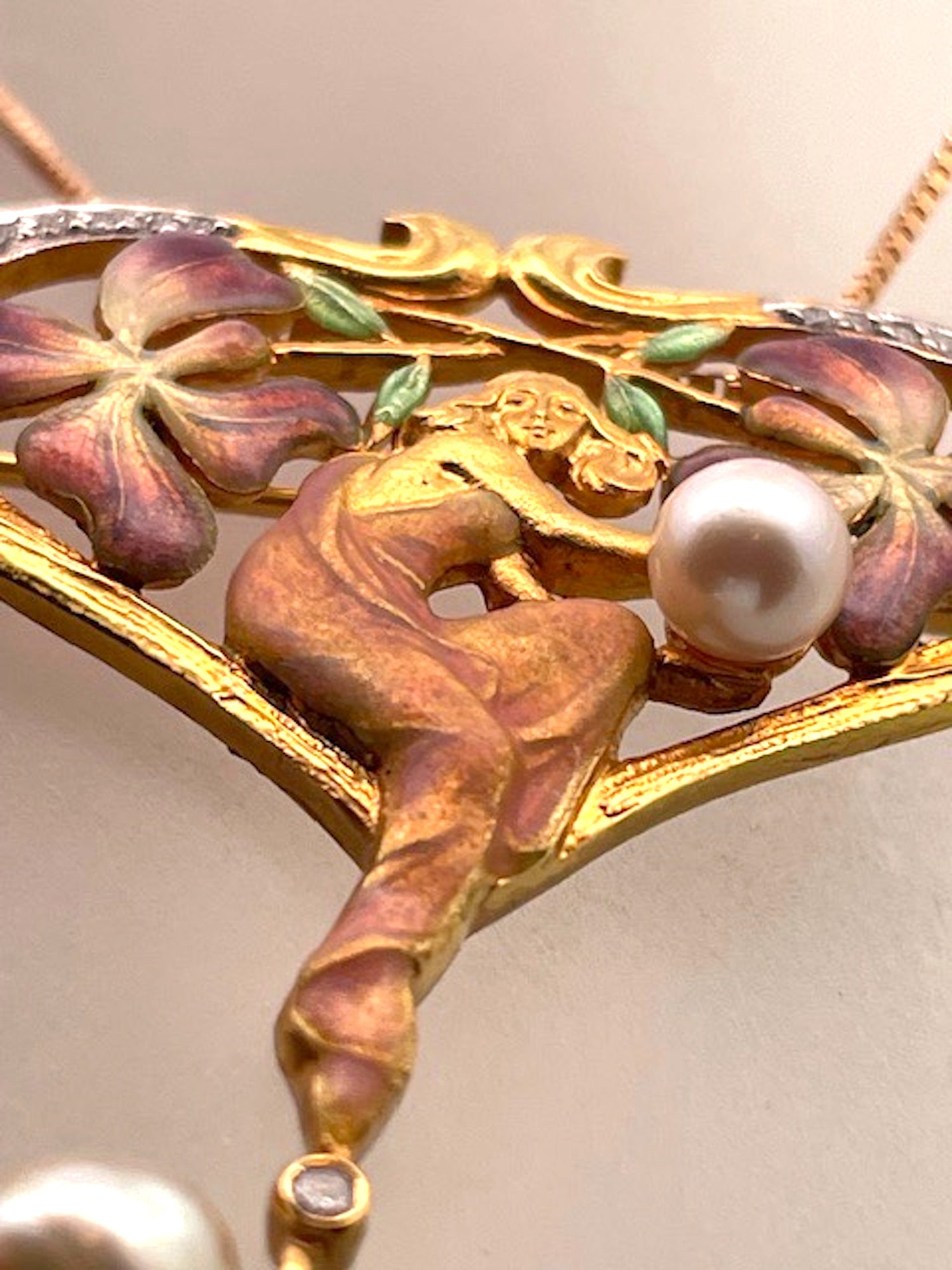 Enamel floral brooch with pearl and diamonds
