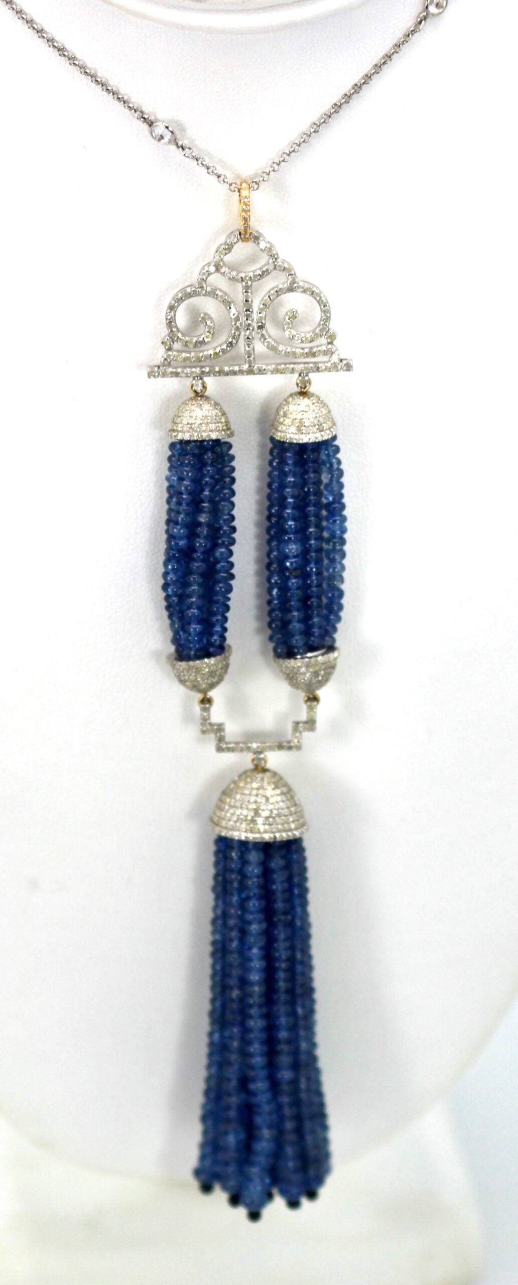 Sapphire bead necklace with tassels