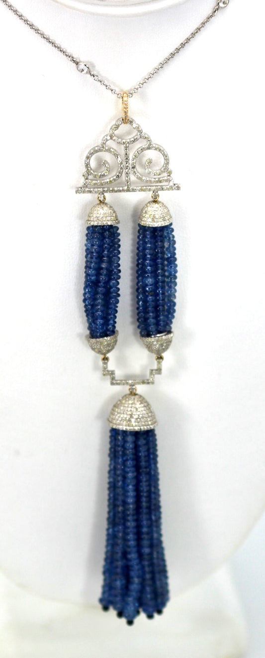 Sapphire bead necklace with tassels