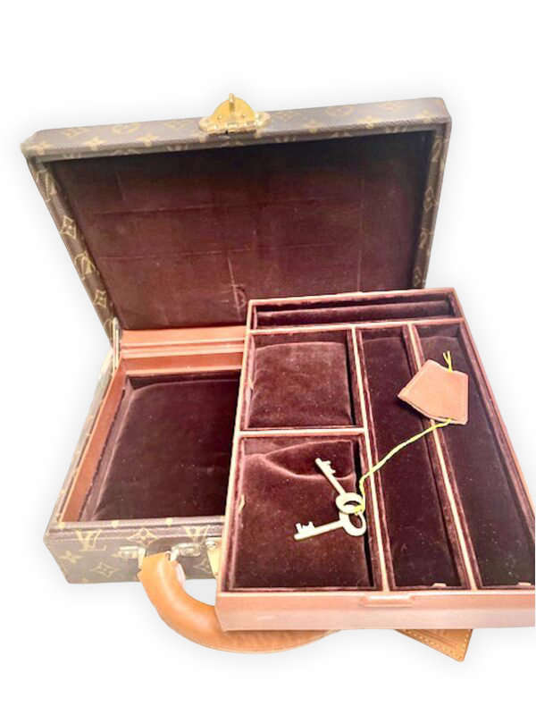 LV jewelry box with leather trim and velvet