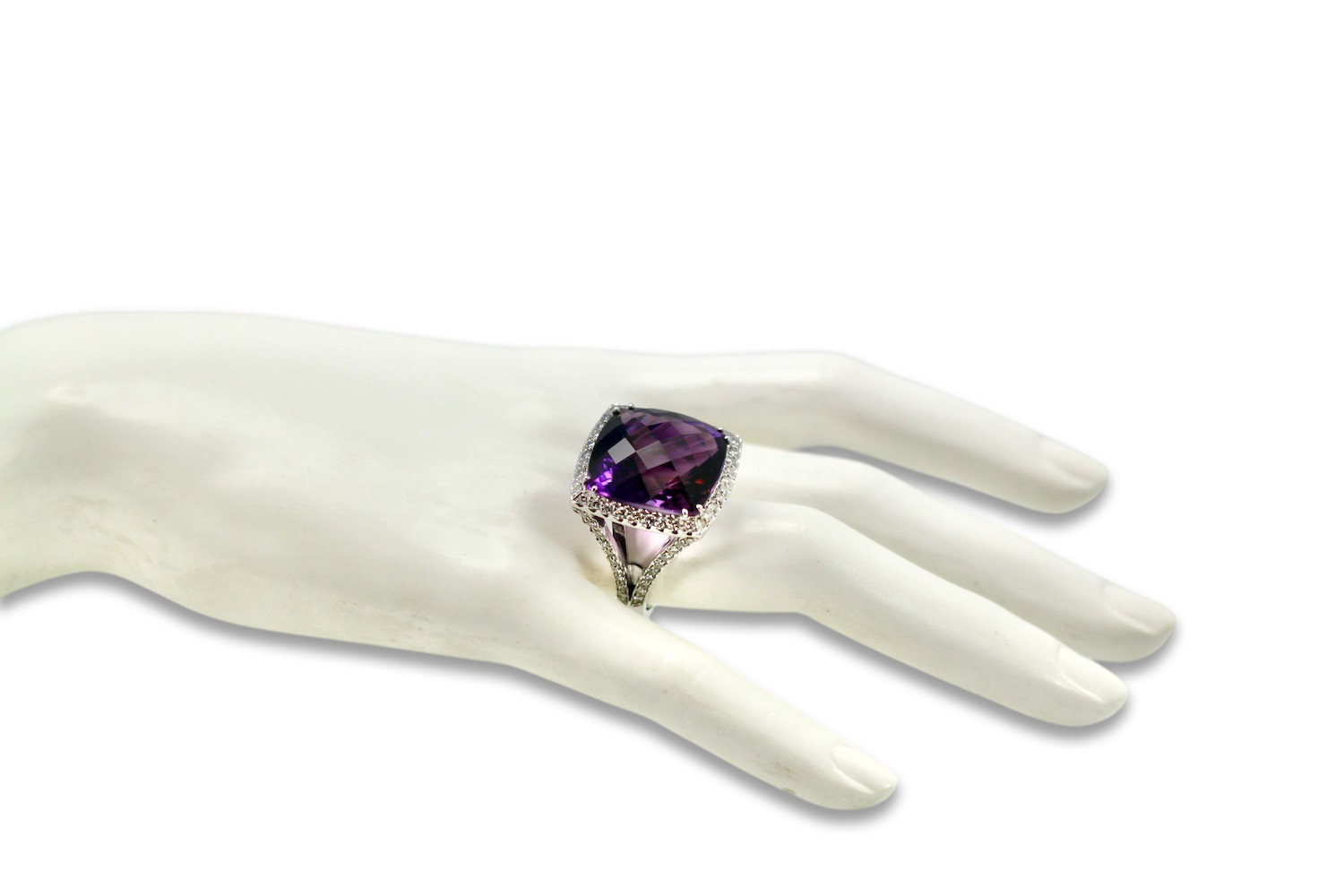 Amethyst ring with diamond halo