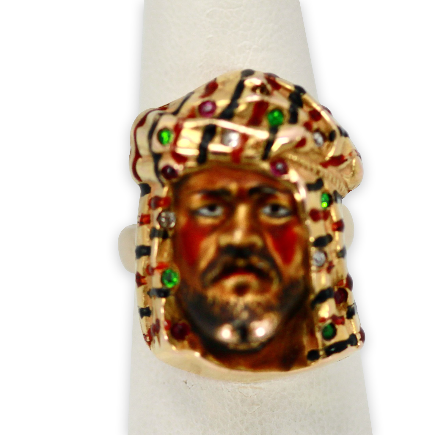 Enamel Moor face ring, 14K