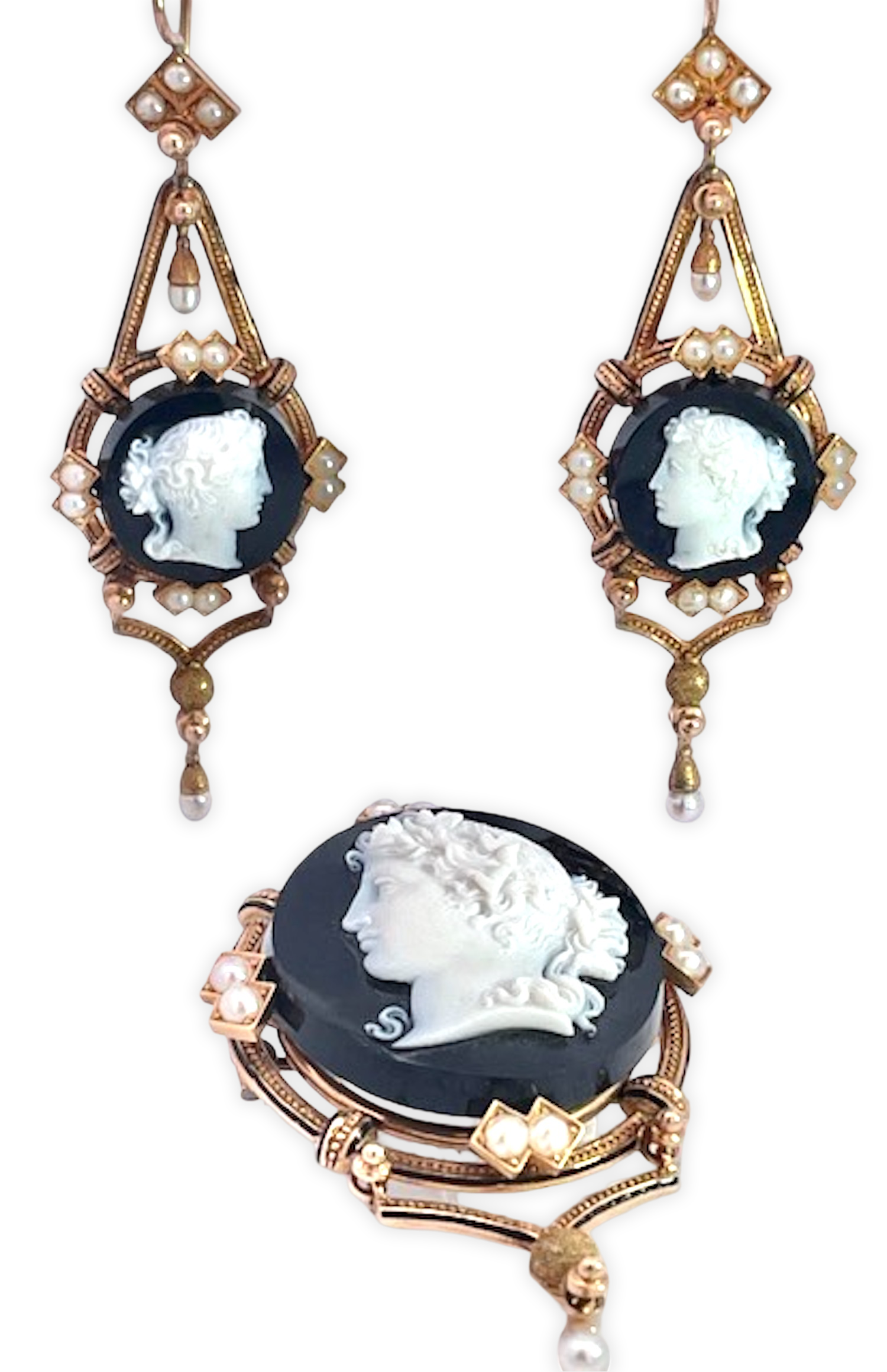 14K Sardonyx Cameo Brooch & Earrings