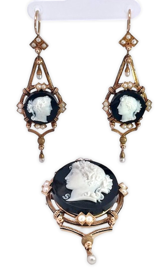 14K Sardonyx Cameo Brooch & Earrings
