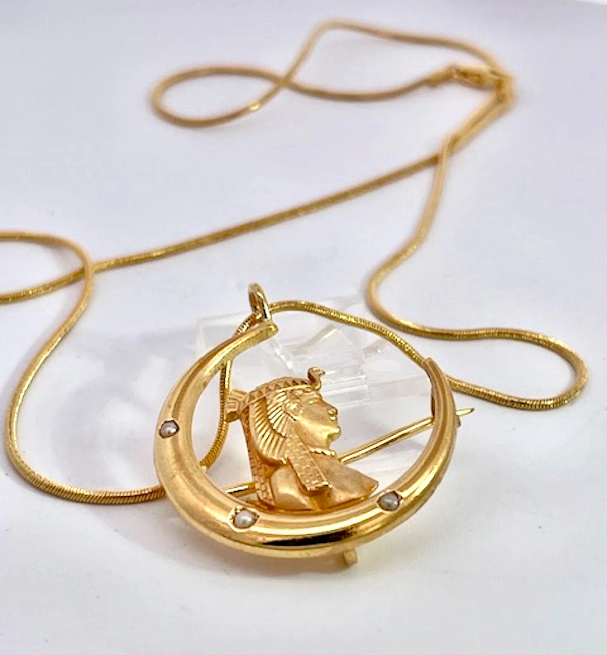 Egyptian Revival Pharoah on Crescent Moon 14K